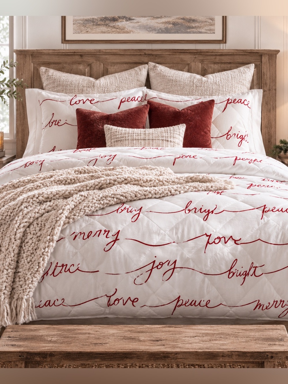 Pottery Barn Sentiment Christmas Holiday Comforter Full Queen Sample NWOT